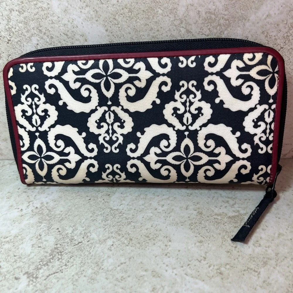 Petunia Pickle Bottom Black & White Damask Wallet Zip Red Trim Long Multi Pocket
